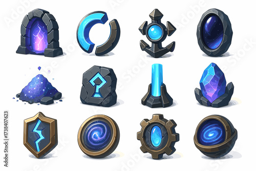 Mystical fantasy icons: crystals, portals, and cosmic symbols