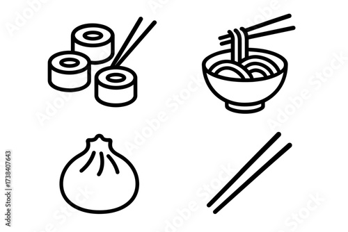 Simple outline icons of sushi, noodles, dumpling, and chopsticks