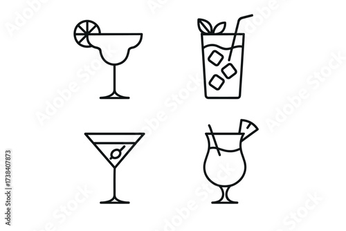 Minimalist line art cocktails: margarita, long drink, martini, tropical beverage icons