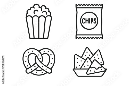 Popcorn, chips, pretzel, nachos: iconic snack symbols in black and white vector art