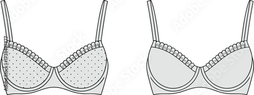 Bra flat sketch, lingerie design, front and back view, underwire support, adjustable straps, lace trim, patterned cups, plain cups, fashion illustration, apparel template