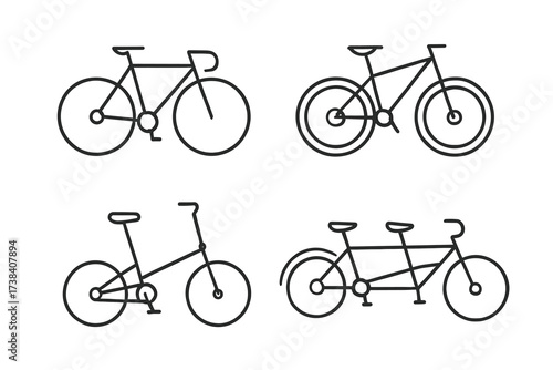 Minimalist bicycle icons set featuring road, mountain, folding, and tandem designs