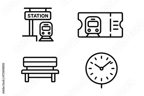Train station icons - ticket, clock, train, bench - simple line art