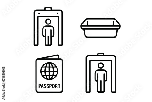 Airport security icons: metal detector, tray, passport - vector design