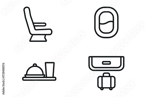 Air travel icons: seat, window, meal tray, baggage