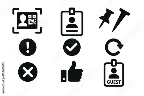 Icons of id cards, pins, checkmarks, and symbols for notifications and updates
