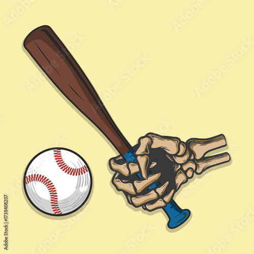 skeleton hand hit the baseball with the bat  vintage design