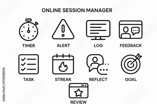 Online session manager icons: timer, alert, log, feedback, task, streak, reflect, goal, review