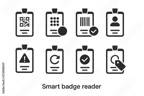 Smart badge reader icons: qr code, barcode, user profile, warning, refresh, check, tag