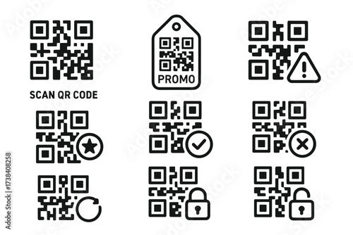 Diverse qr code icons for promotions, security, and notifications