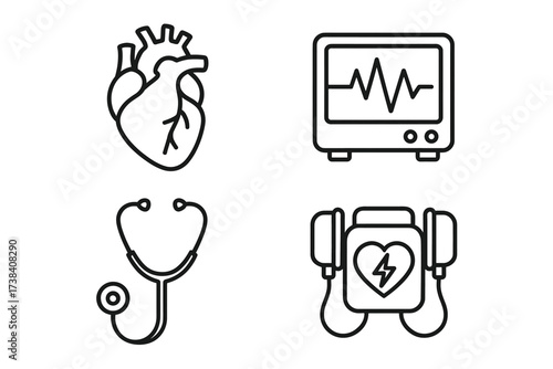 Medical equipment icons: heart, monitor, stethoscope, defibrillator