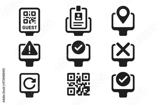 Set of black and white icon symbols for identification and navigation