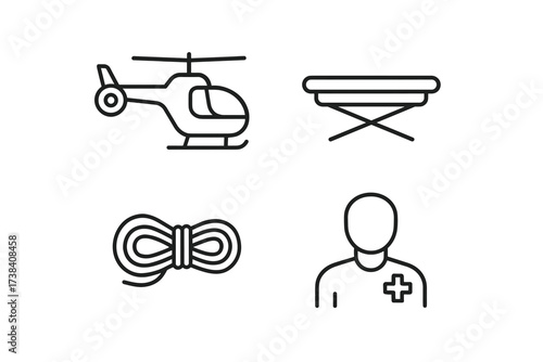 Minimalist icons of rescue helicopter, stretcher, rope, and paramedic figure