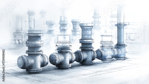 Technical blueprint sketch of industrial pipeline and plumbing showing connections and valves for construction and design work
