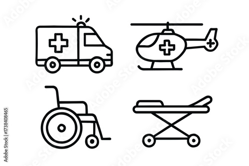 Medical emergency icons featuring ambulance helicopter wheelchair and stretcher
