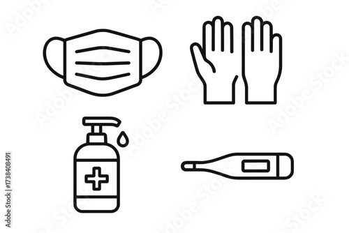 Healthcare icons: mask, gloves, sanitizer, thermometer for safety precautions