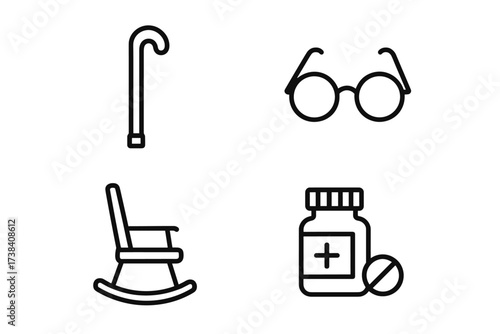 Elderly care symbols: cane, glasses, rocking chair, medicine bottle