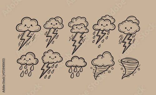Cute hand drawn weather icons featuring clouds lightning and tornadoes