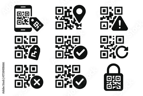 Various qr codes with symbols for mobile, location, and security
