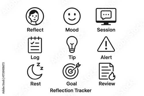 Icon set for reflection and goal tracking with symbols for mood, tips, alerts, and goals