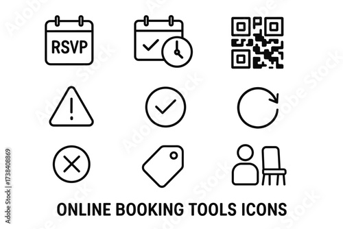 Online booking tools icons set with calendar and qr code graphics
