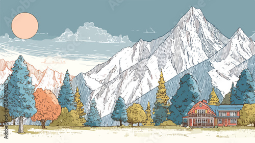 Mountain Retreat Postcard Design with Serene Landscape Views and Cozy Cabin Illustration
