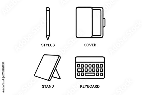 Illustration of tablet accessories: stylus, cover, stand, keyboard