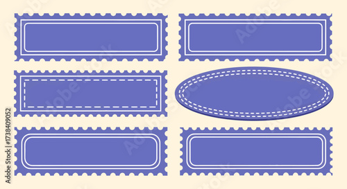 Six purple decorative frames with scalloped edges and various inner border designs, resembling postage stamps or labels.