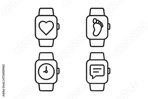 Smartwatch icons: heart, steps, clock, and message displayed in minimalist style