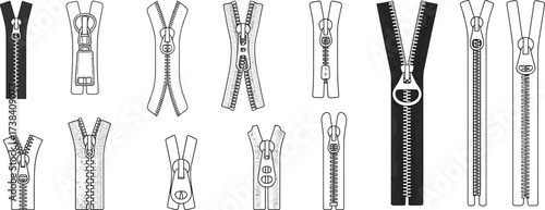Zipper collection template, fashion accessory sketch, zipper pull designs, clothing hardware illustration, sewing elements, garment detail mockup, textile accessory drawing