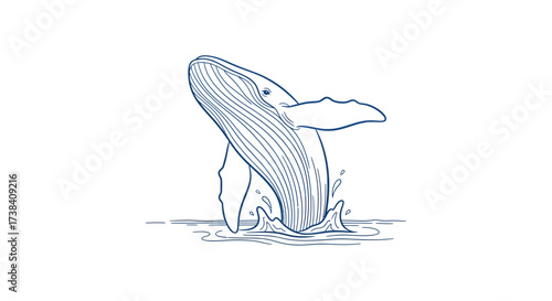 A stylized illustration of a humpback whale breaching from the ocean, depicted with elegant blue line art.