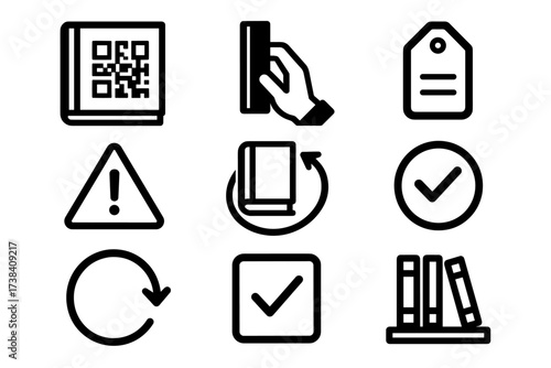 Minimalist icons: qr code, payment, price tag, warning, book return, checkmark, refresh, bookshelf