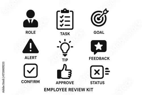 Employee review kit icons - role, task, goal, alert, tip, feedback, confirm, approve, status