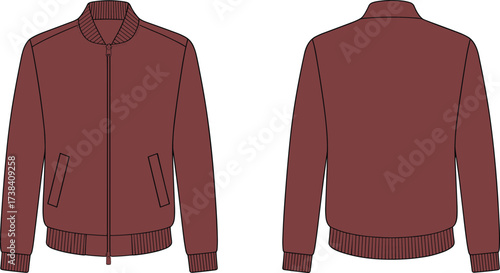 Bomber jacket template, front and back view, fashion flat sketch, ribbed collar cuffs hem, outerwear mockup, clothing technical drawing design