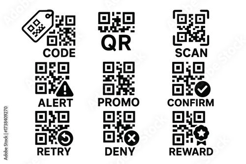 Qr codes for alert, promo, scan, confirm, deny, and reward function icons
