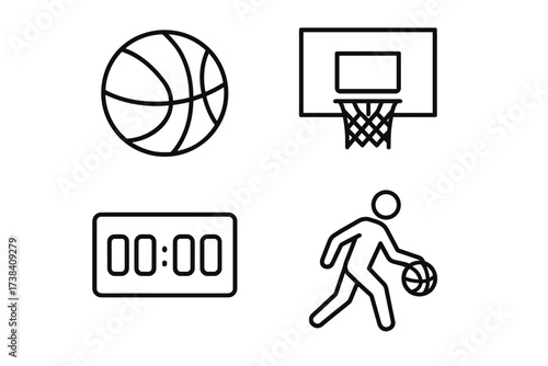 Basketball line icons: ball, hoop, scoreboard, player dribbling