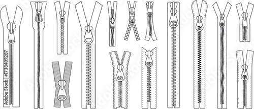 Zipper collection illustration, fashion accessory template, zipper pull variations, clothing hardware sketch, sewing elements, garment detail mockup, textile fastening design