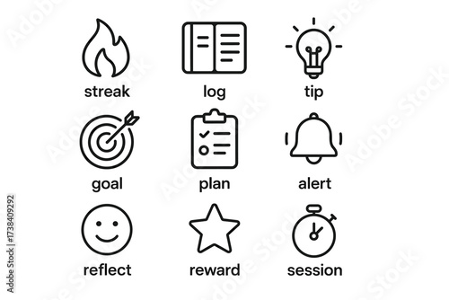 Set of nine minimalist icons representing streak, log, tip, goal, plan, alert, reflect, reward, session