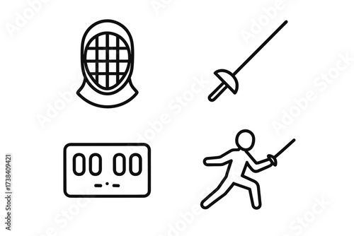 Minimalist fencing icons: helmet, saber, scoreboard, and fencer outline