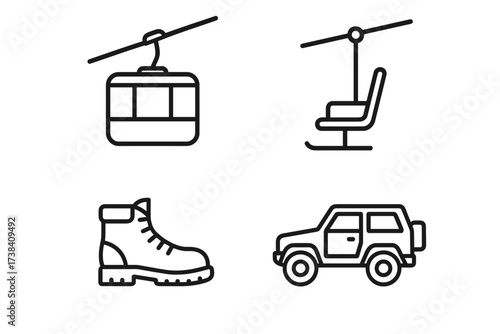 Set of four minimalist icons: cable car, ski lift, hiking boot, off-road vehicle