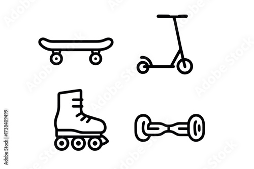 Outline icons of skateboard, scooter, rollerblade, and hoverboard on white background