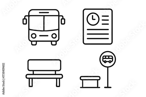 Bus icon set: transport, timetable, bench, stop sign