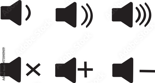 A set of six black speaker icons for volume control, showing mute, volume up, volume down, and different sound levels.