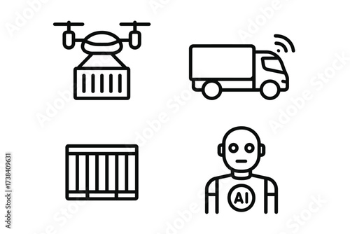 Drone delivery, smart truck, freight container, ai robot icons set