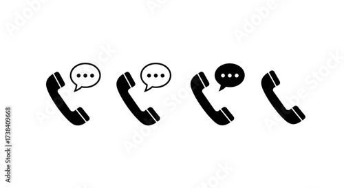 Four black telephone handsets with speech bubbles, each displaying different conversation states.