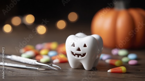 Halloween themed white ceramic tooth jack o lantern with dental tools and candy corn on wood