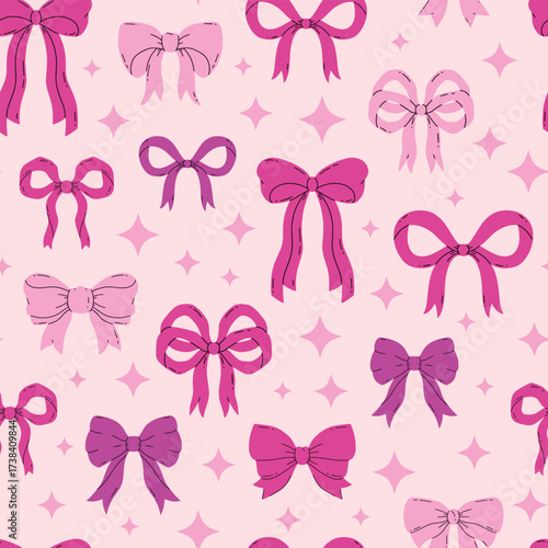pink bows, ribbon seamless pattern — decorative handdrawn cartoon ribbons with stars for textile, fashion, Valentines, coquette core and celebration design

