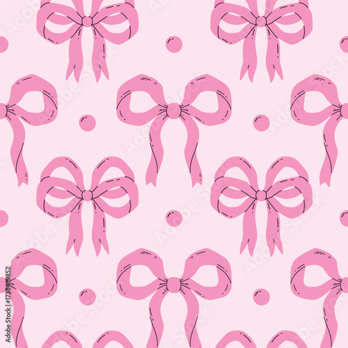 pink bows, ribbon seamless pattern — handdrawn cartoon ribbons with polka dots for textile, fashion, Valentines and celebration design