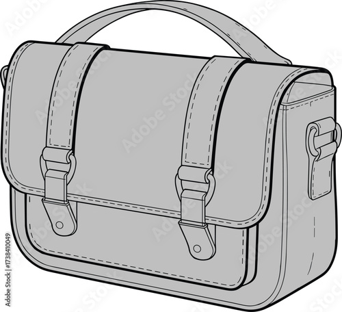 Satchel bag line drawing, messenger bag vector illustration, leather satchel sketch, unisex fashion accessory outline, shoulder bag design, vintage style template