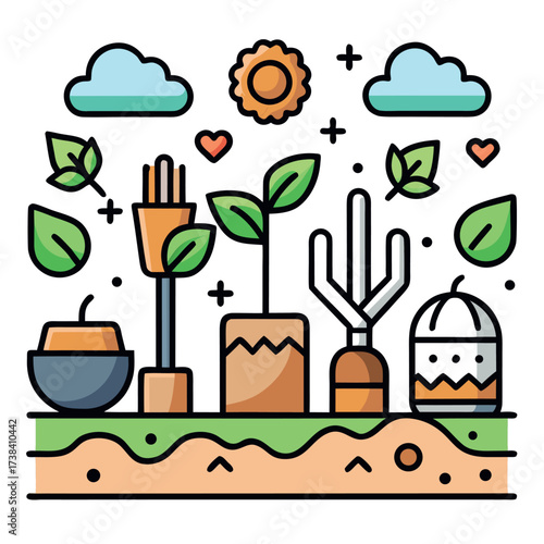 Minimal line art illustration of a garden with plants, trees, soil, and gardening tools, clean and modern eco design style